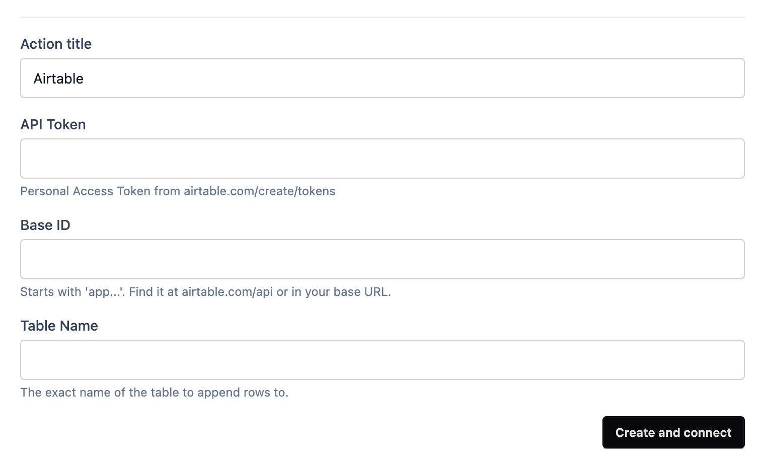 The Airtable action form with API Token, Base ID and Table Name fields