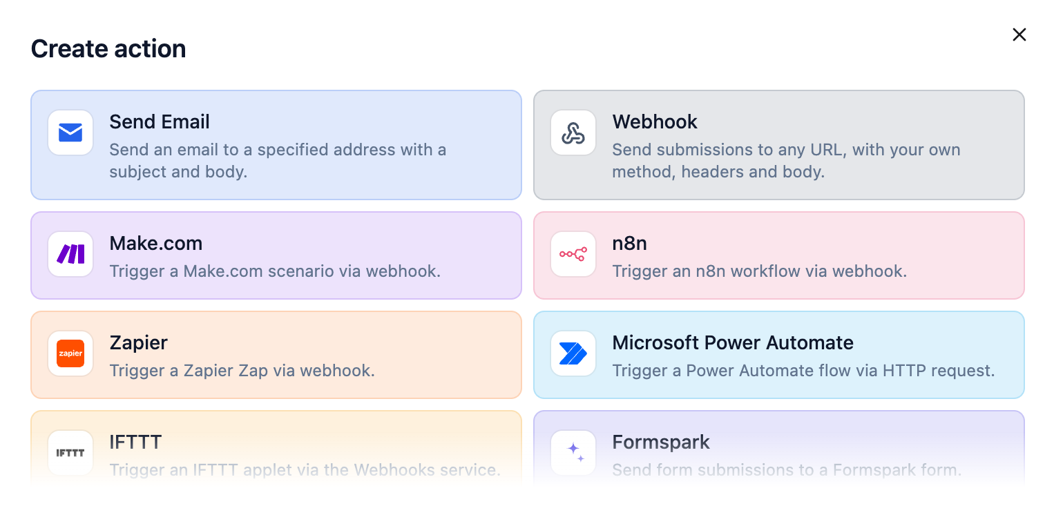 The Create action dialog listing every action