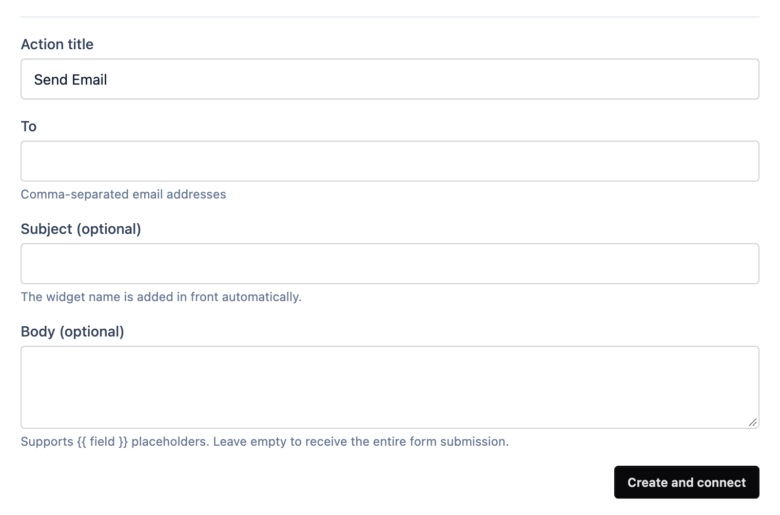 The Send Email action form with To, Subject and Body fields
