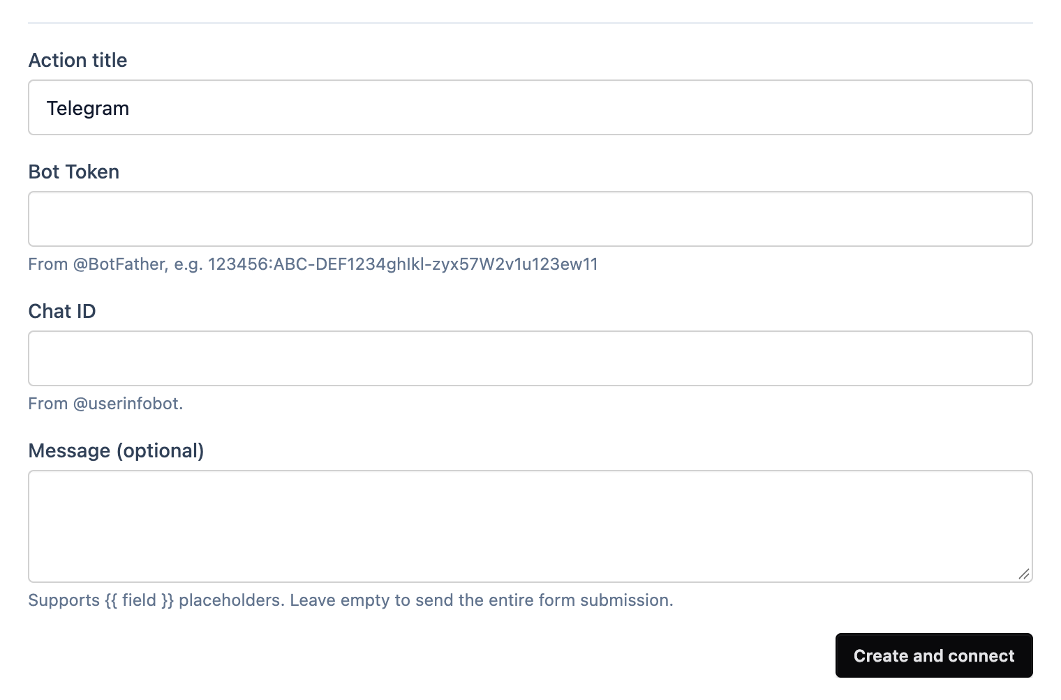 The Telegram action form with Bot Token, Chat ID and Message fields