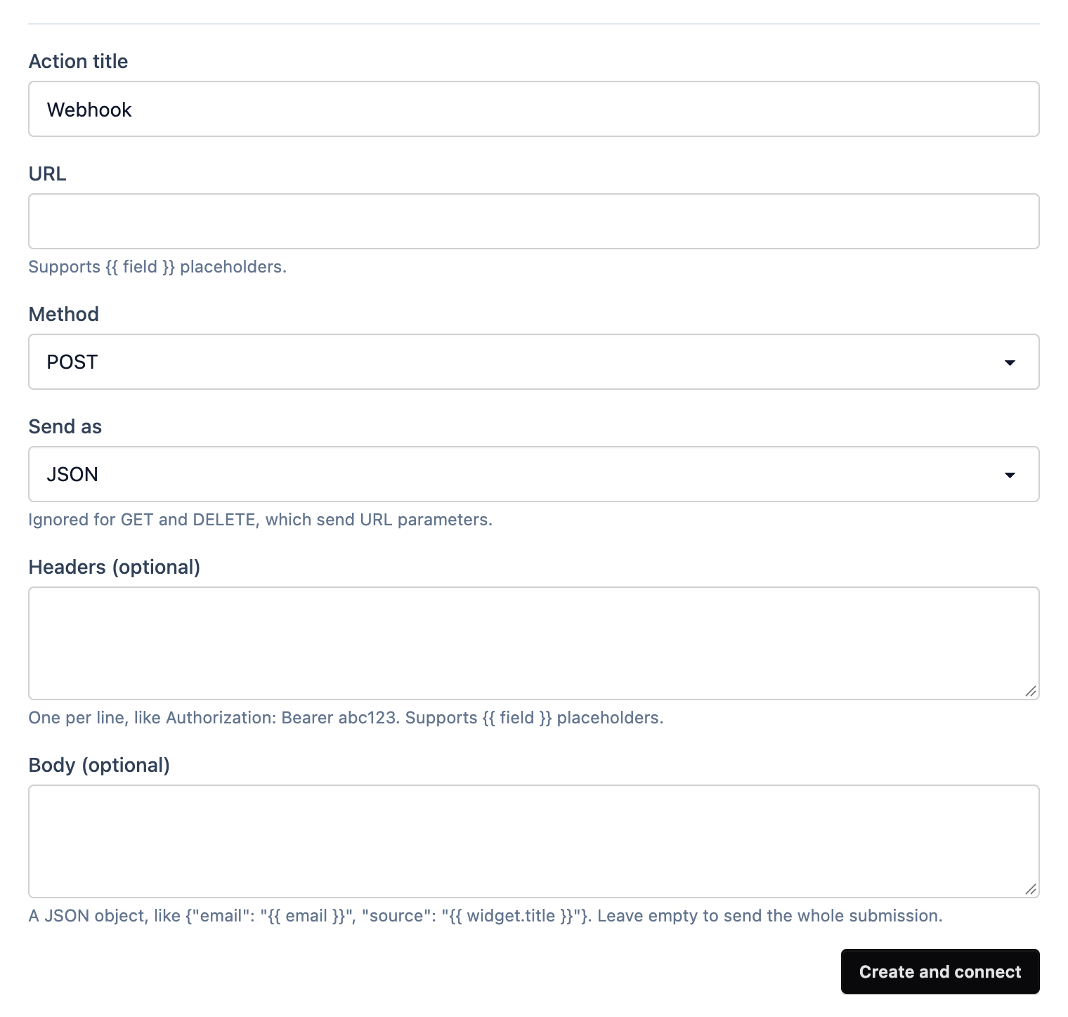 The Webhook action form with URL, Method, Send as, Headers and Body fields