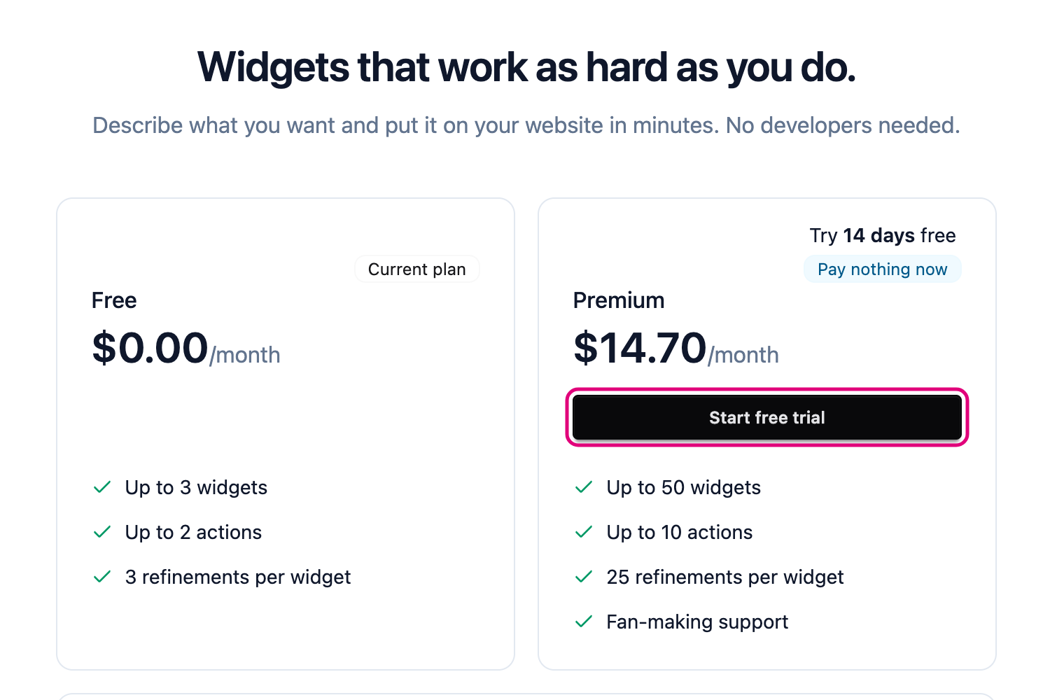 The Billing page with the Start free trial button highlighted