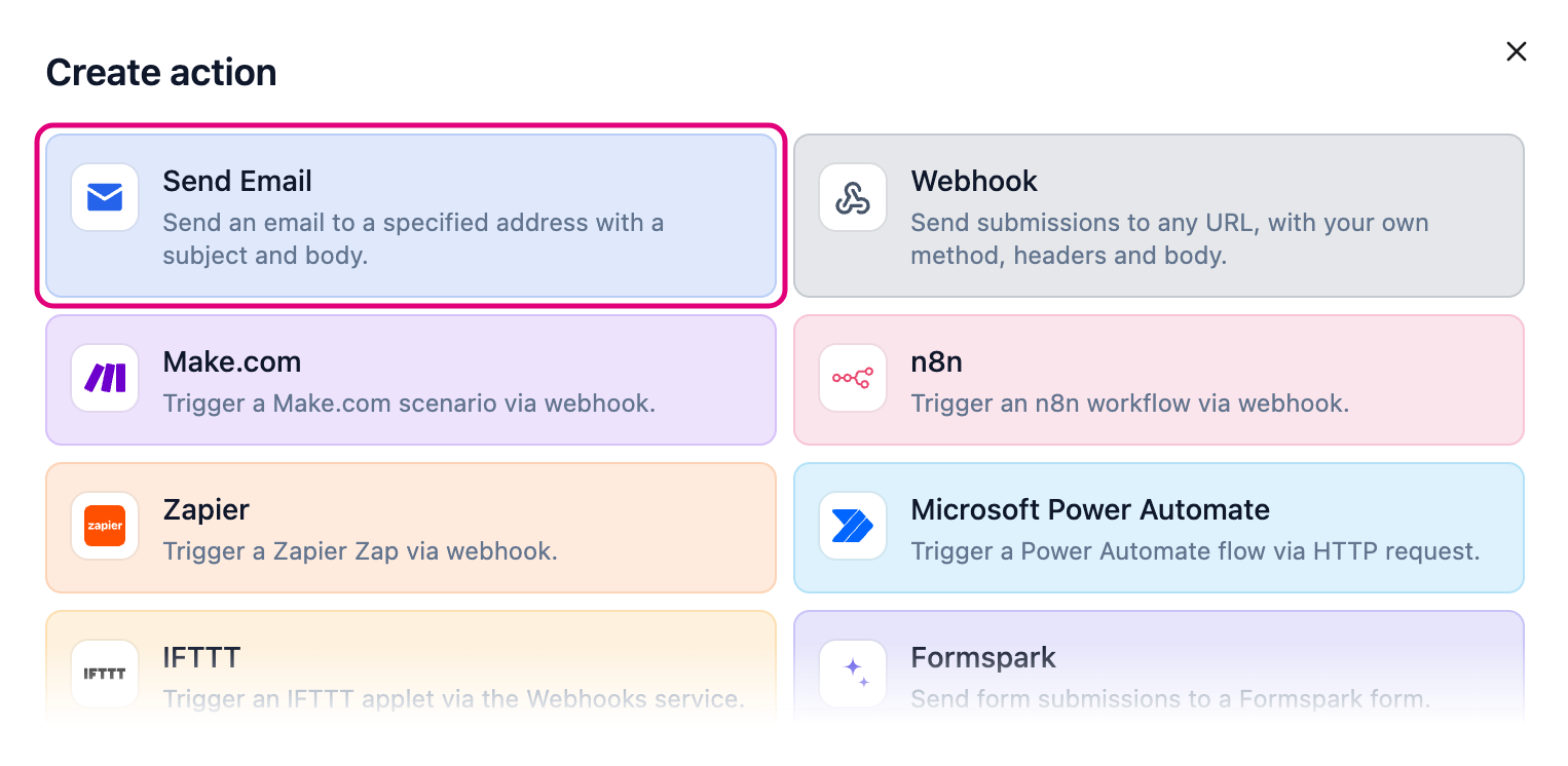 The Create action dialog with Send Email highlighted