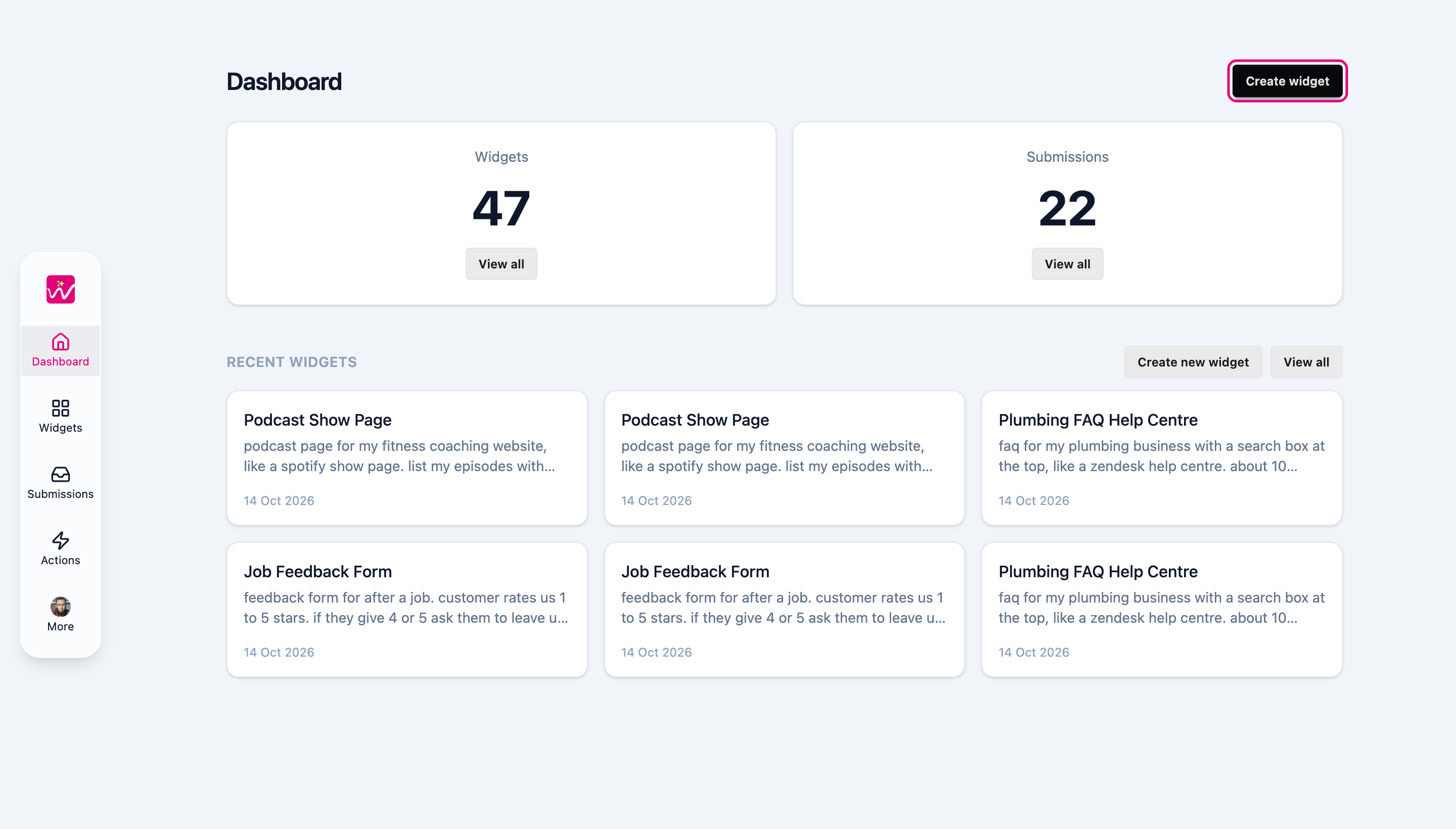 The Widgeteer dashboard with the Create widget button highlighted