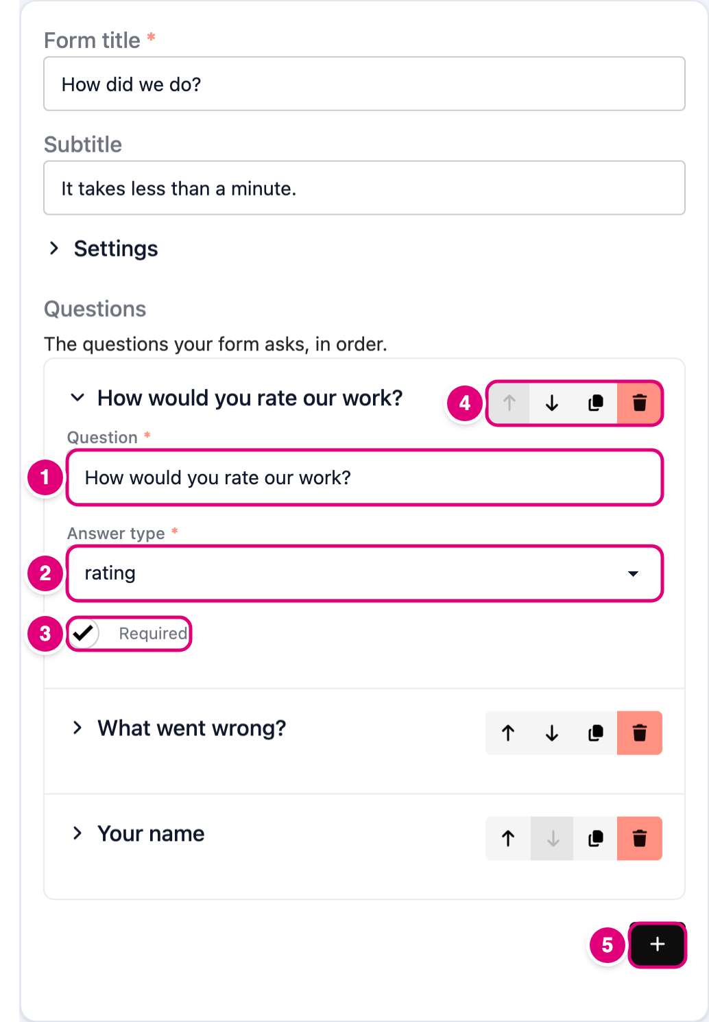 An open question in the editor with the question text, answer type, required box, question controls and add button numbered