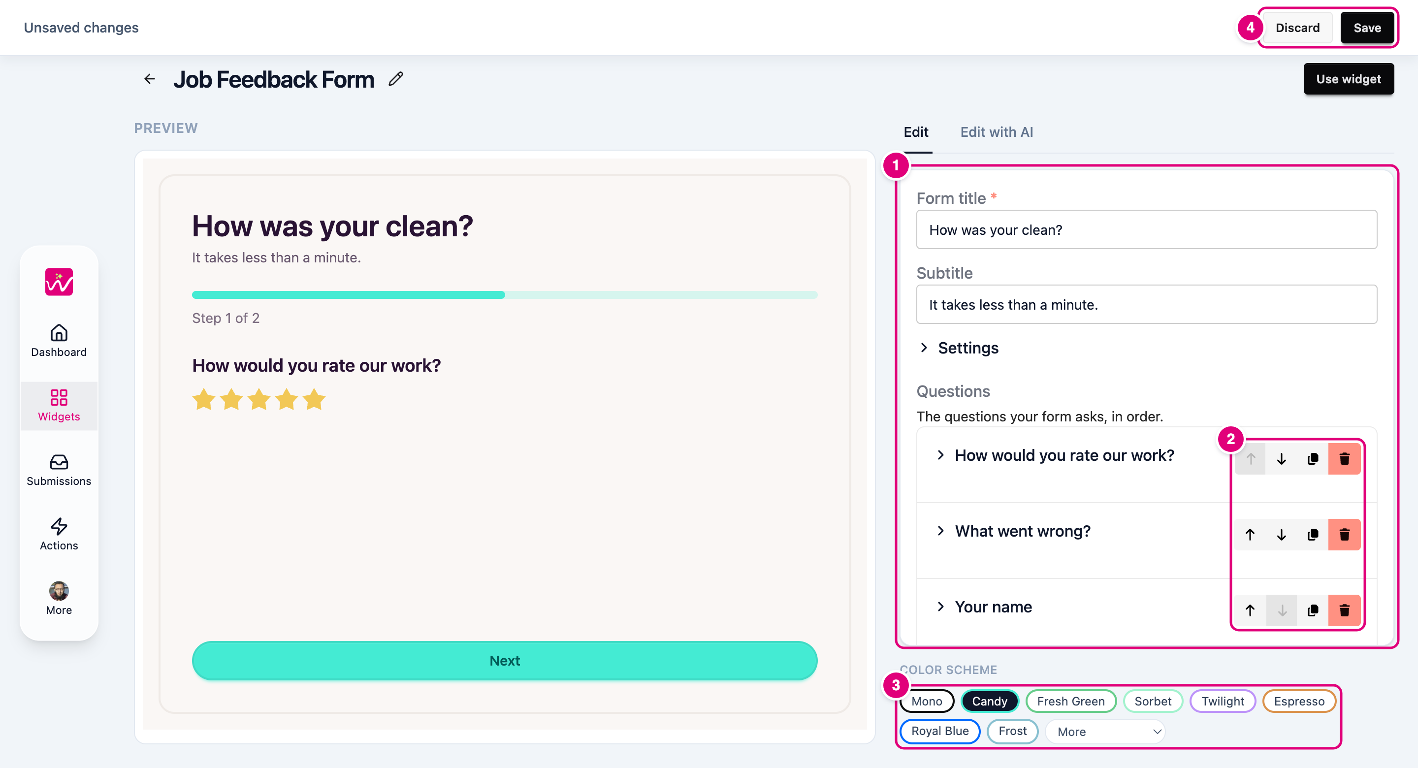 The widget editor with the edit form, question controls, colour schemes and Save button numbered