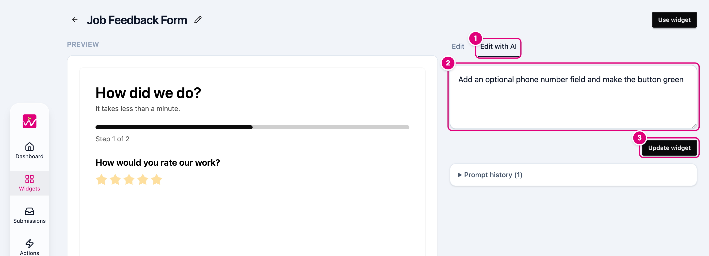 The Edit with AI tab, the change box and the Update widget button numbered