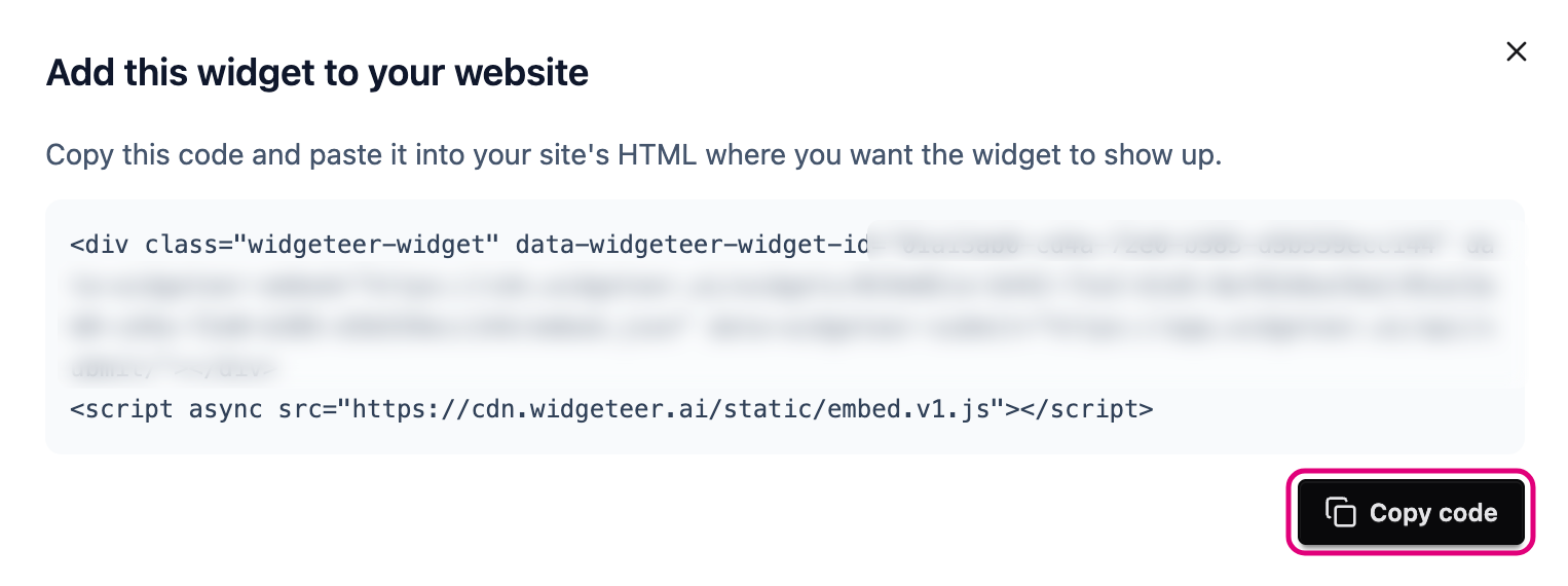 The Add this widget to your website dialog with the Copy code button highlighted