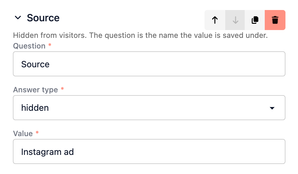 A hidden question named Source with the value Instagram ad