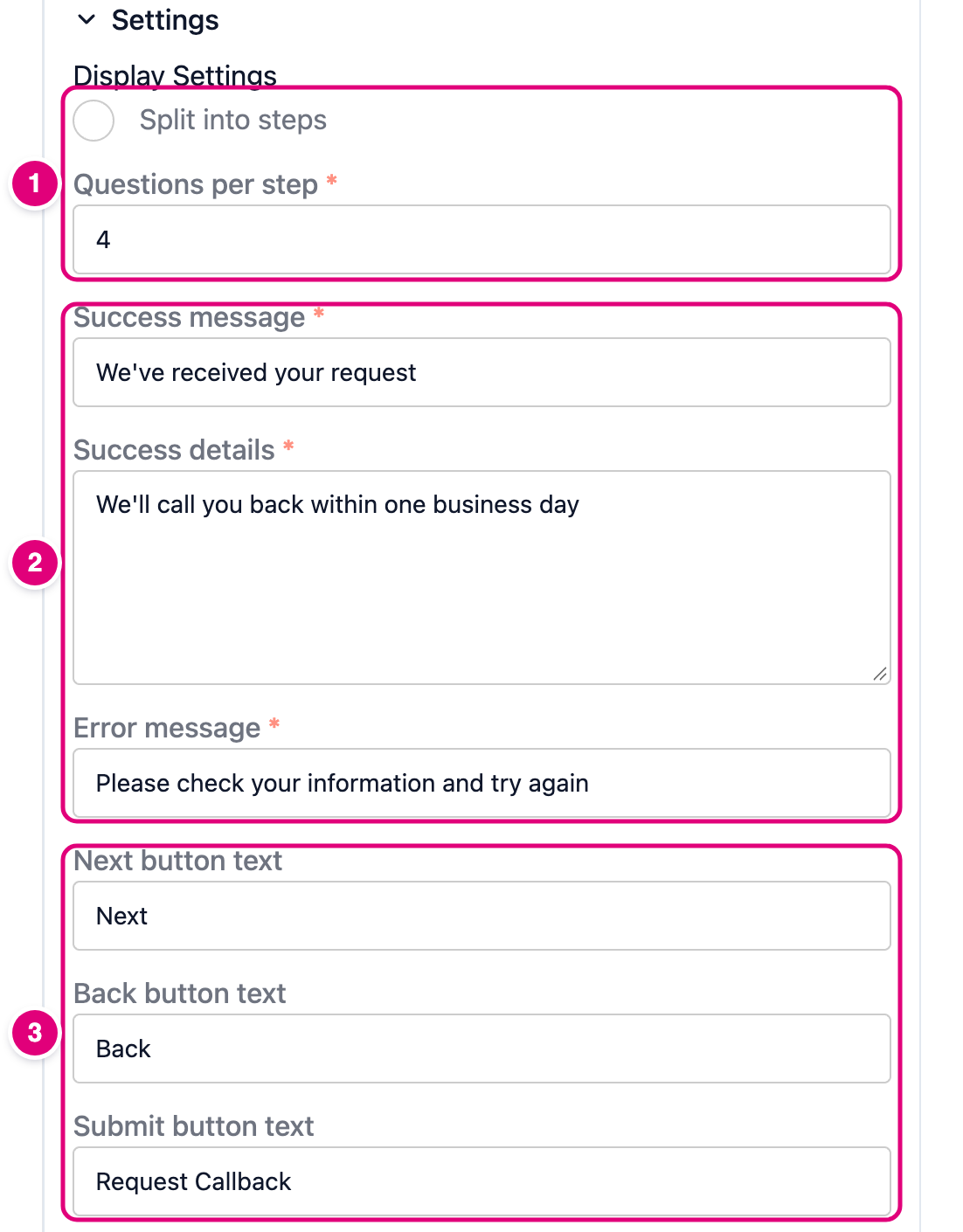 The form Settings with steps, messages and button text numbered