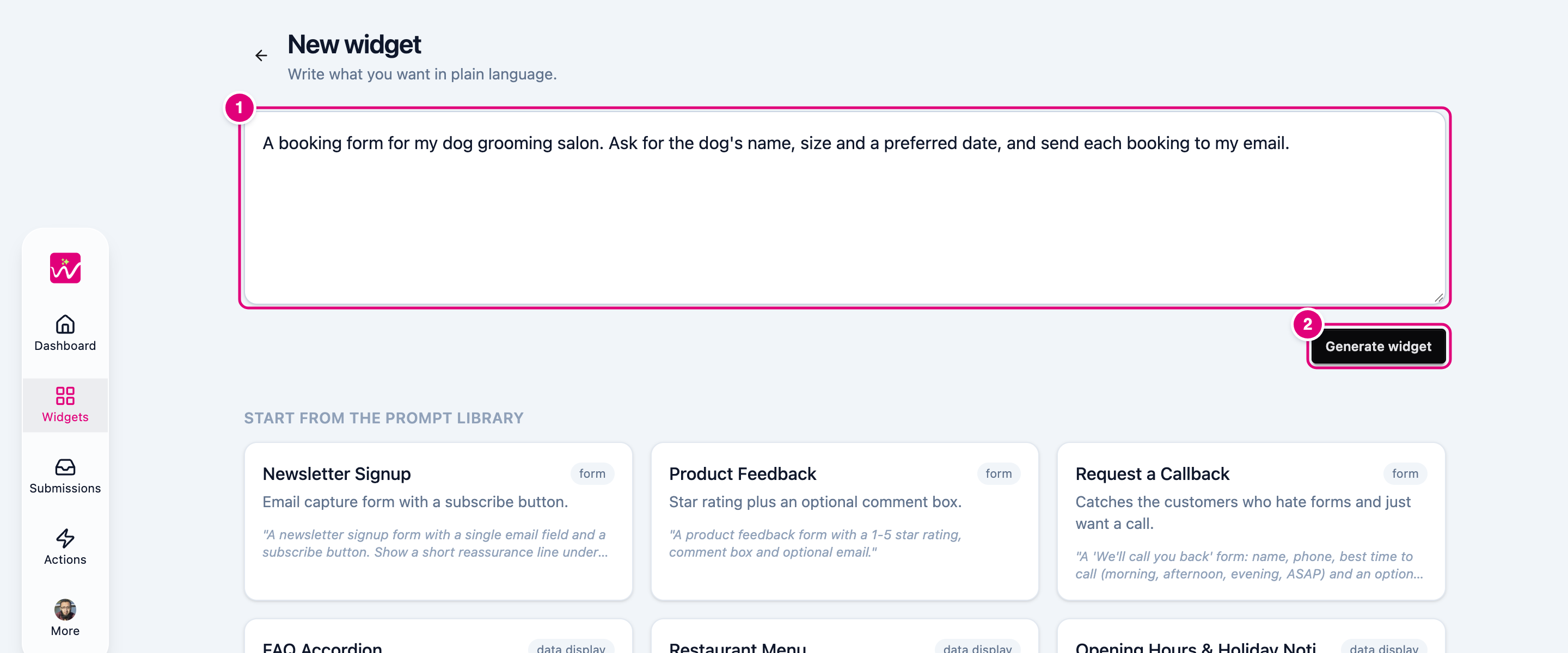 The New widget page with the description box and the Generate widget button numbered