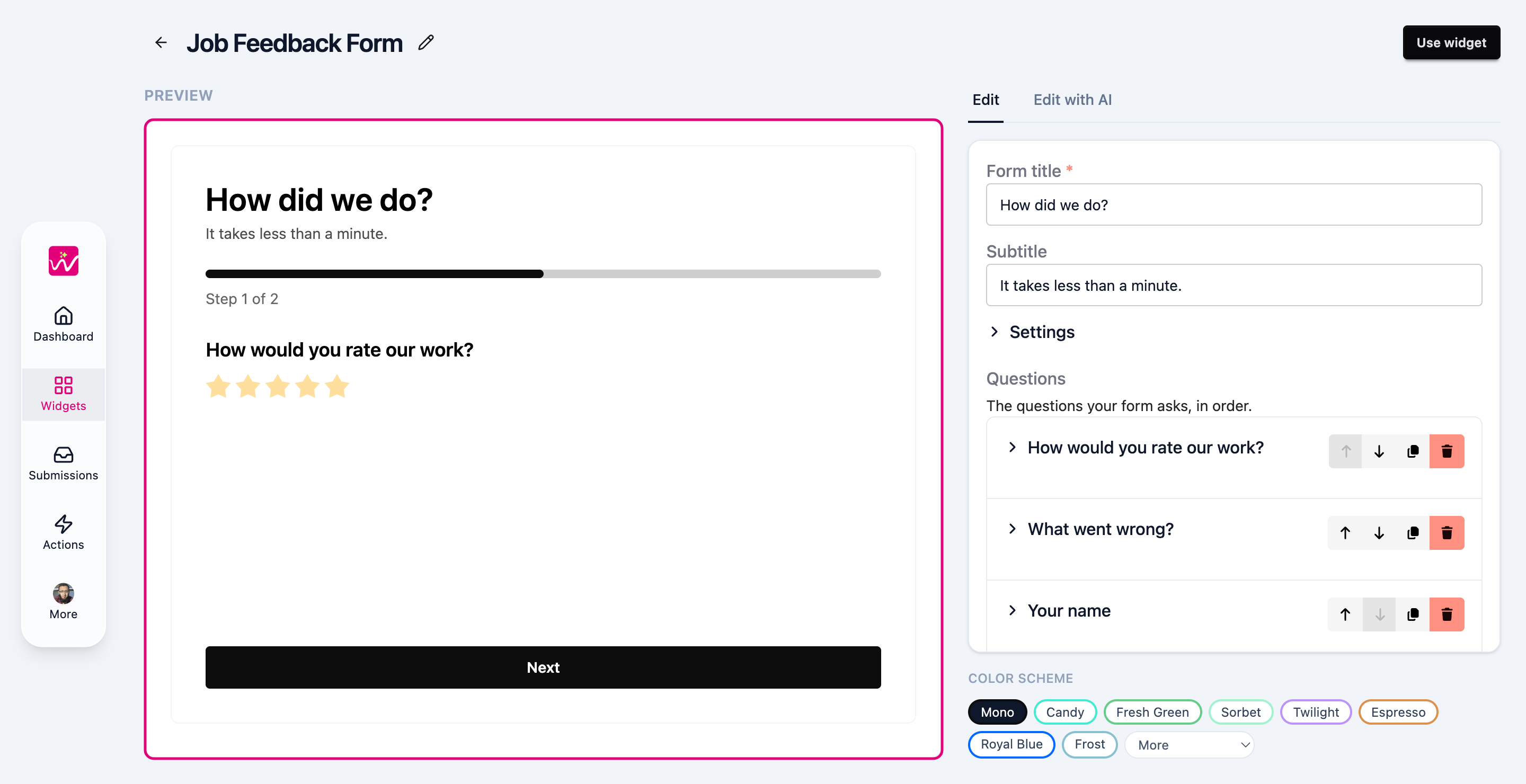 The widget page with the live preview of the form outlined on the left