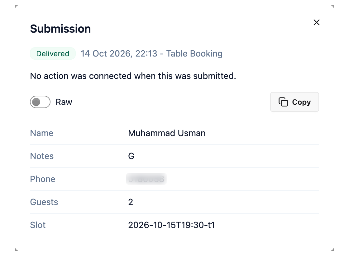 An open submission with its status, where it was sent and every answer