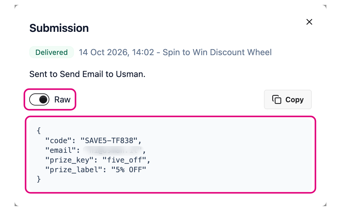 The same submission with Raw switched on, showing the answers as code