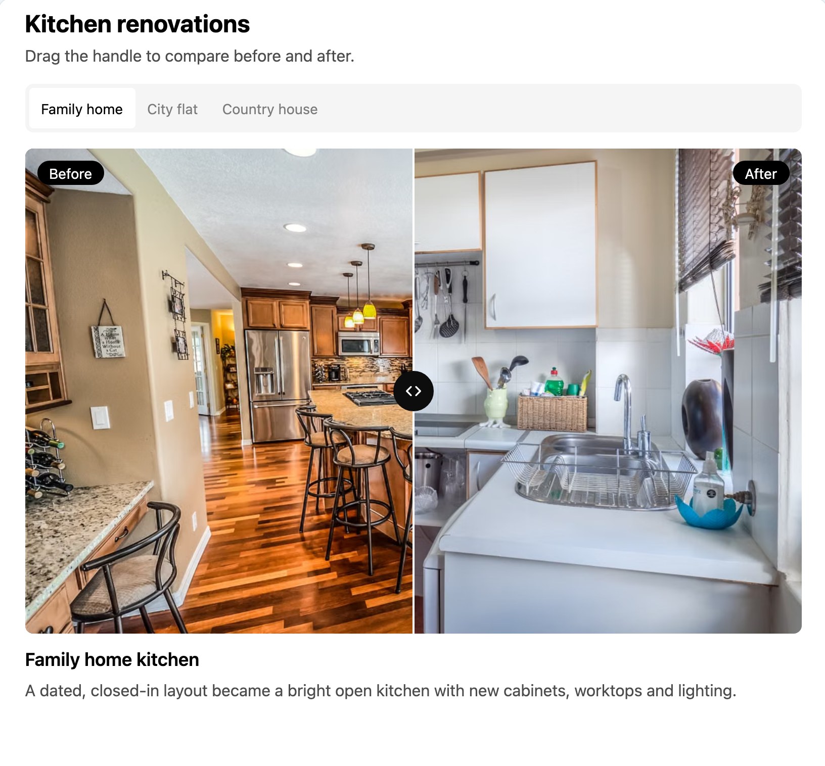 Before and after slider comparing two kitchen photos with a drag handle and tabs for three projects