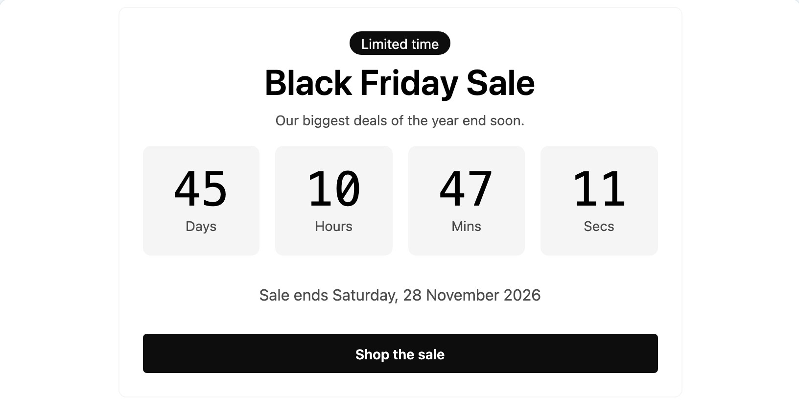 Black Friday sale countdown timer showing days, hours, minutes and seconds with a Shop the sale button