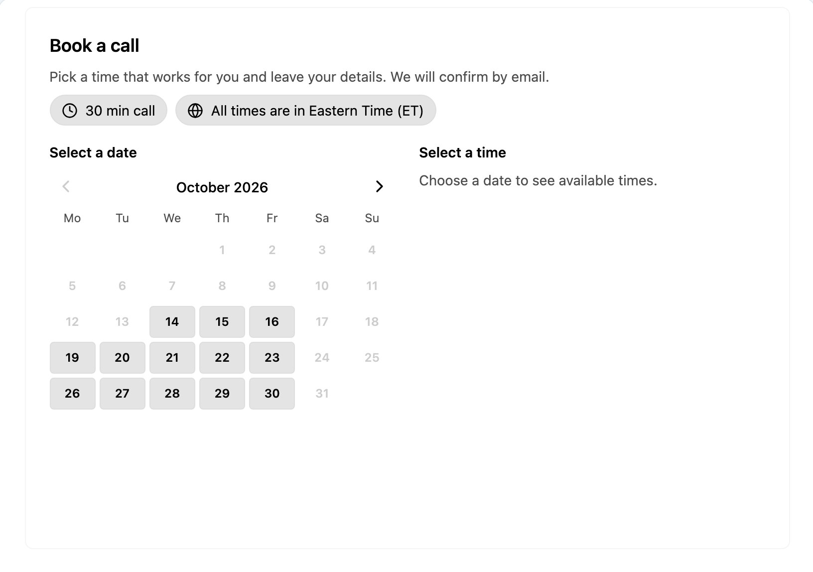Booking widget with a monthly calendar of open days and a time picker