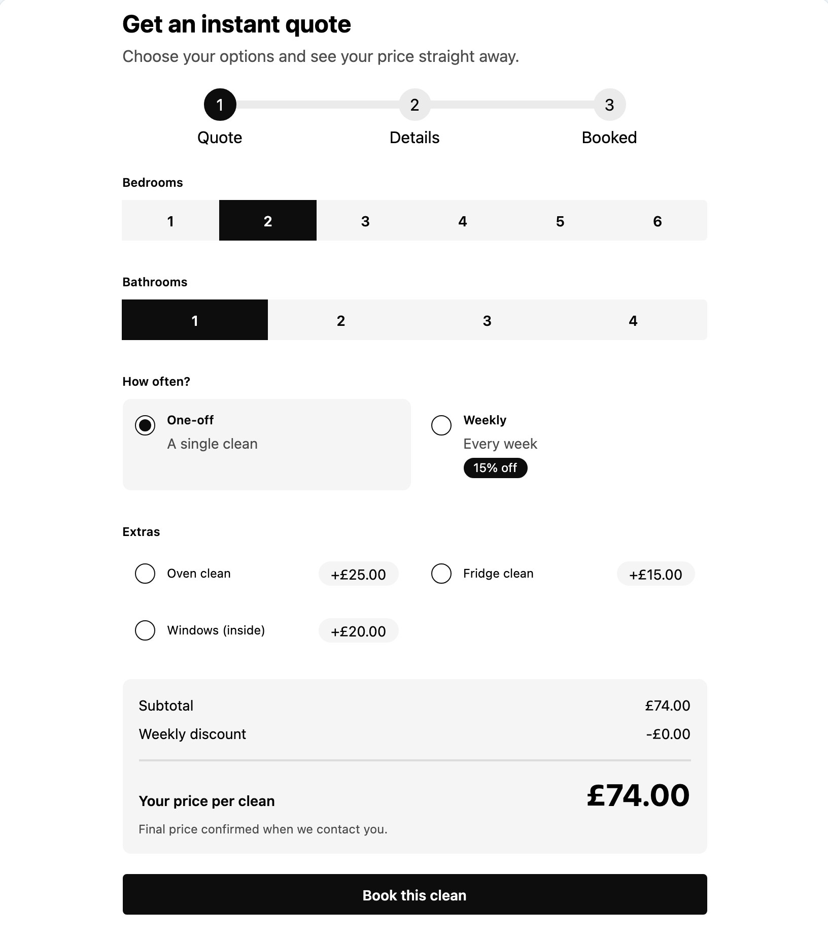 House cleaning quote calculator with bedroom and bathroom pickers, one-off or weekly options, extras and a live price