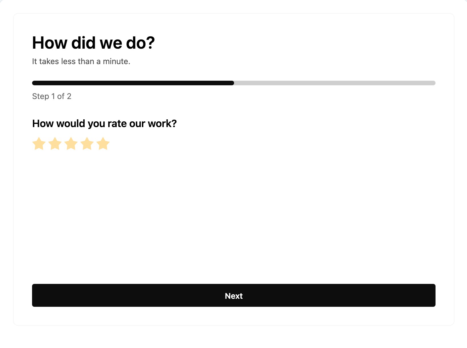 Customer feedback form asking How did we do, with a five star rating and a progress bar