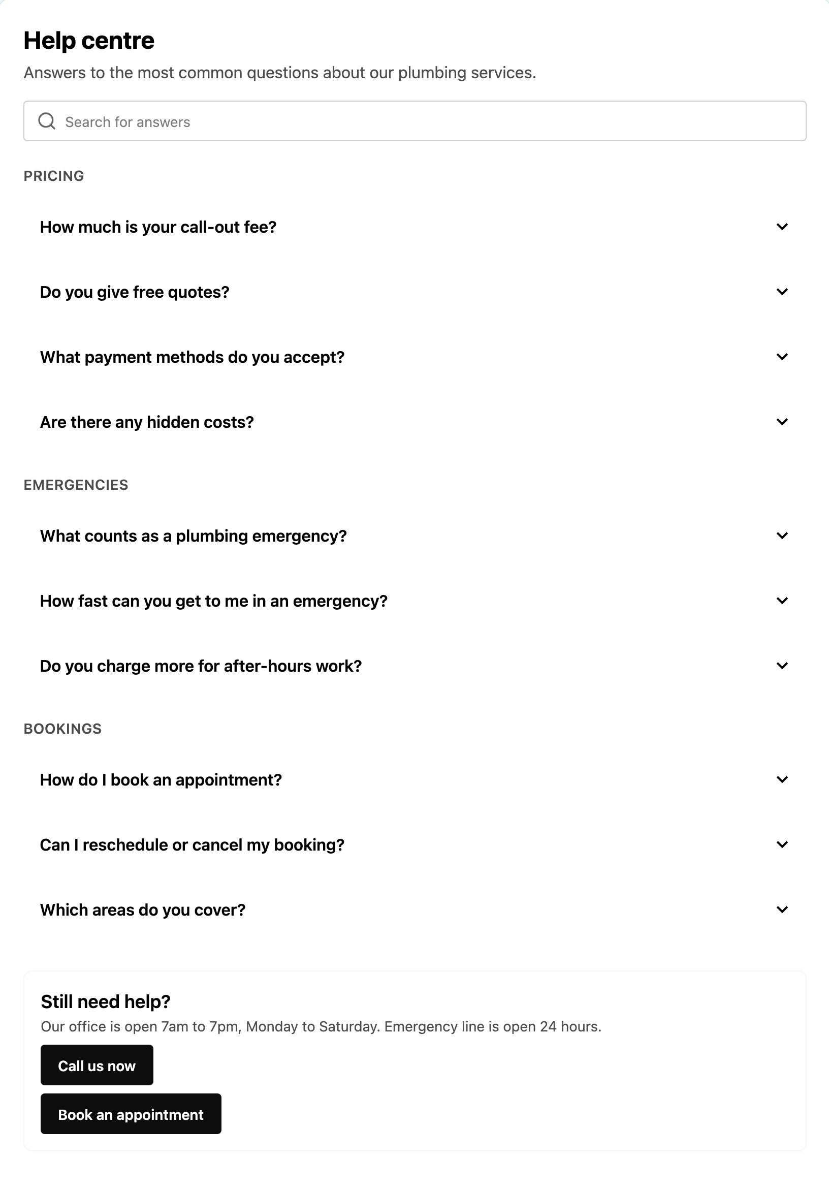 Searchable FAQ help centre with questions grouped under Pricing and Emergencies