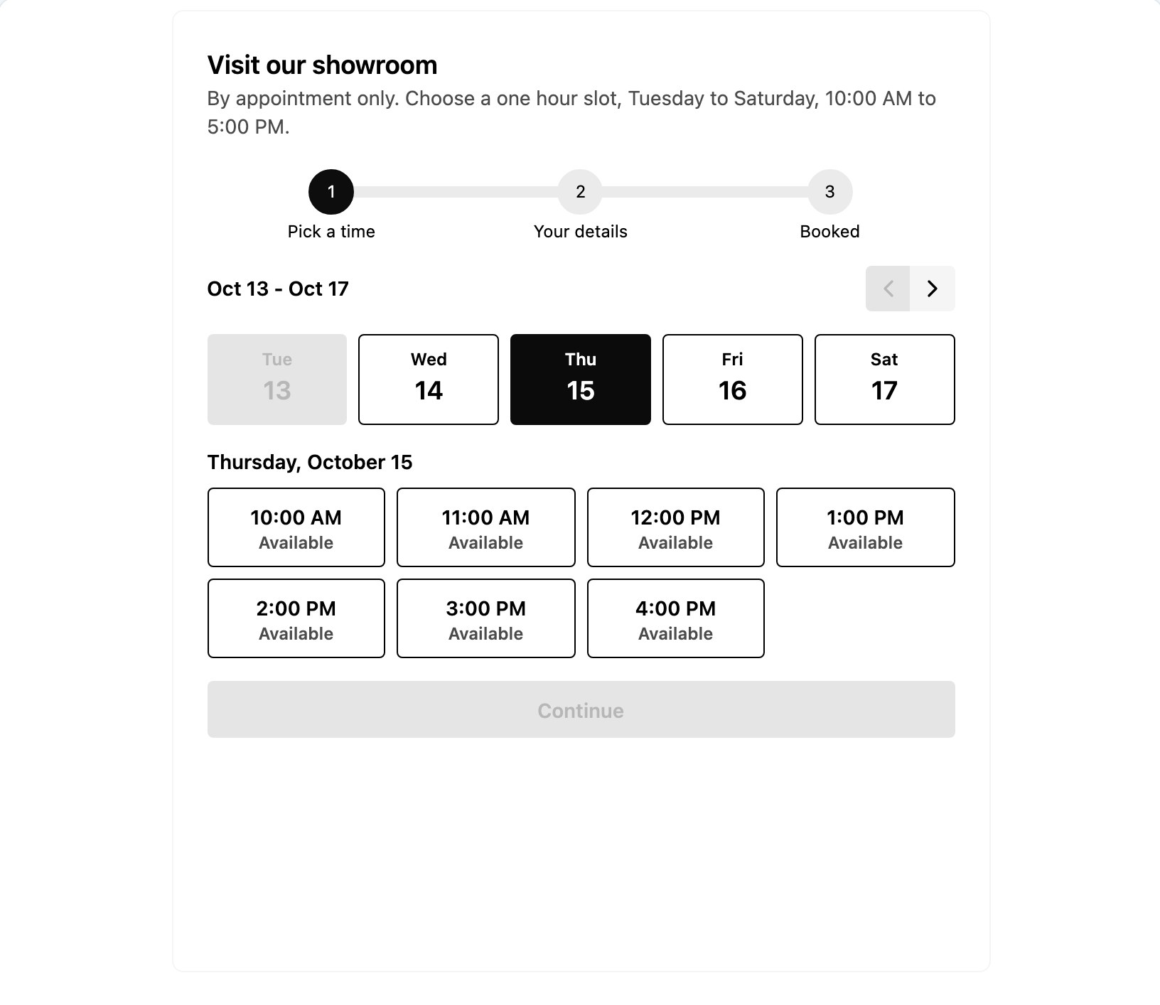 Showroom appointment booking widget with a week of days and one hour slots marked available