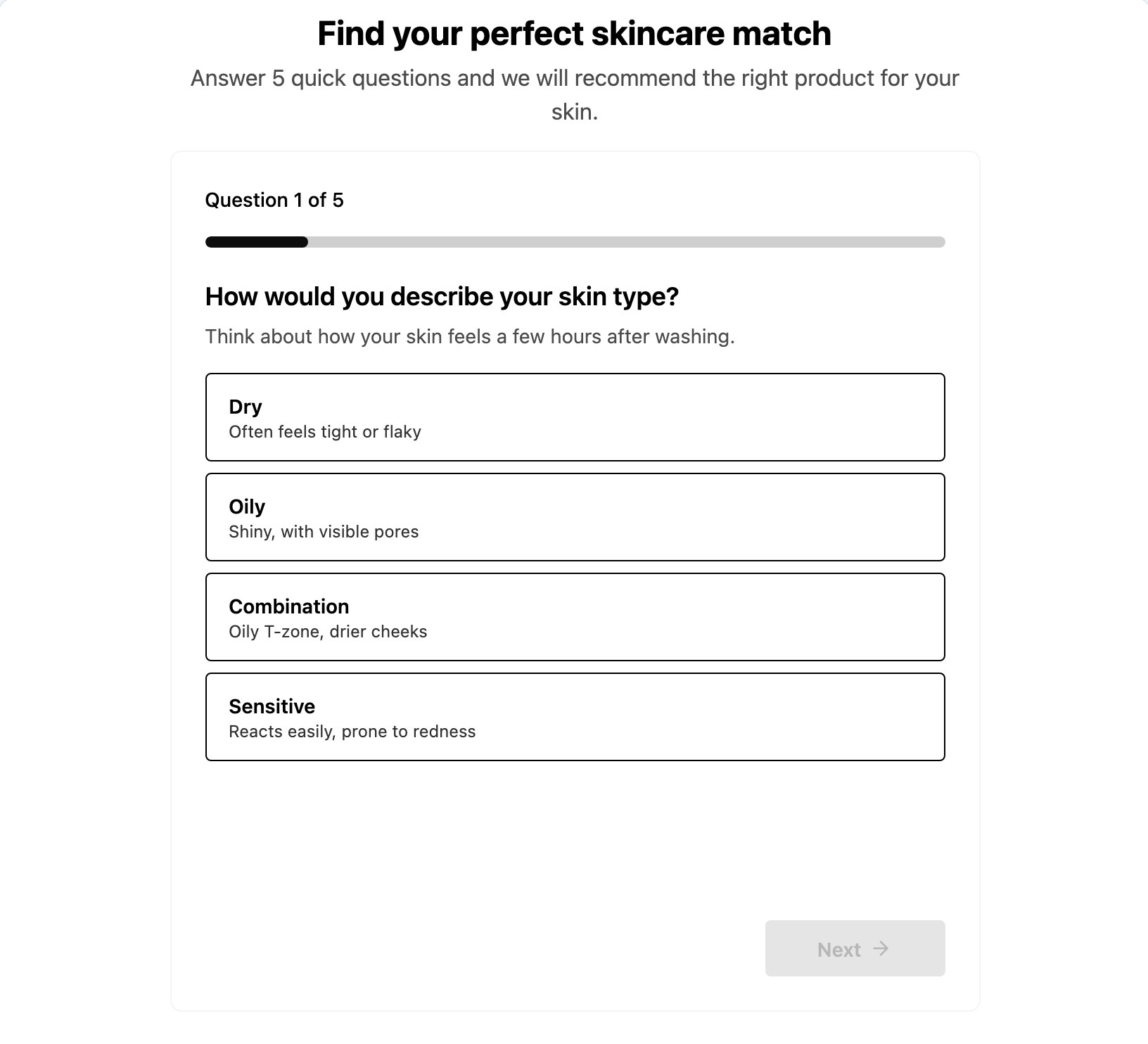 Skincare quiz asking how you would describe your skin type, with four answer cards and a progress bar