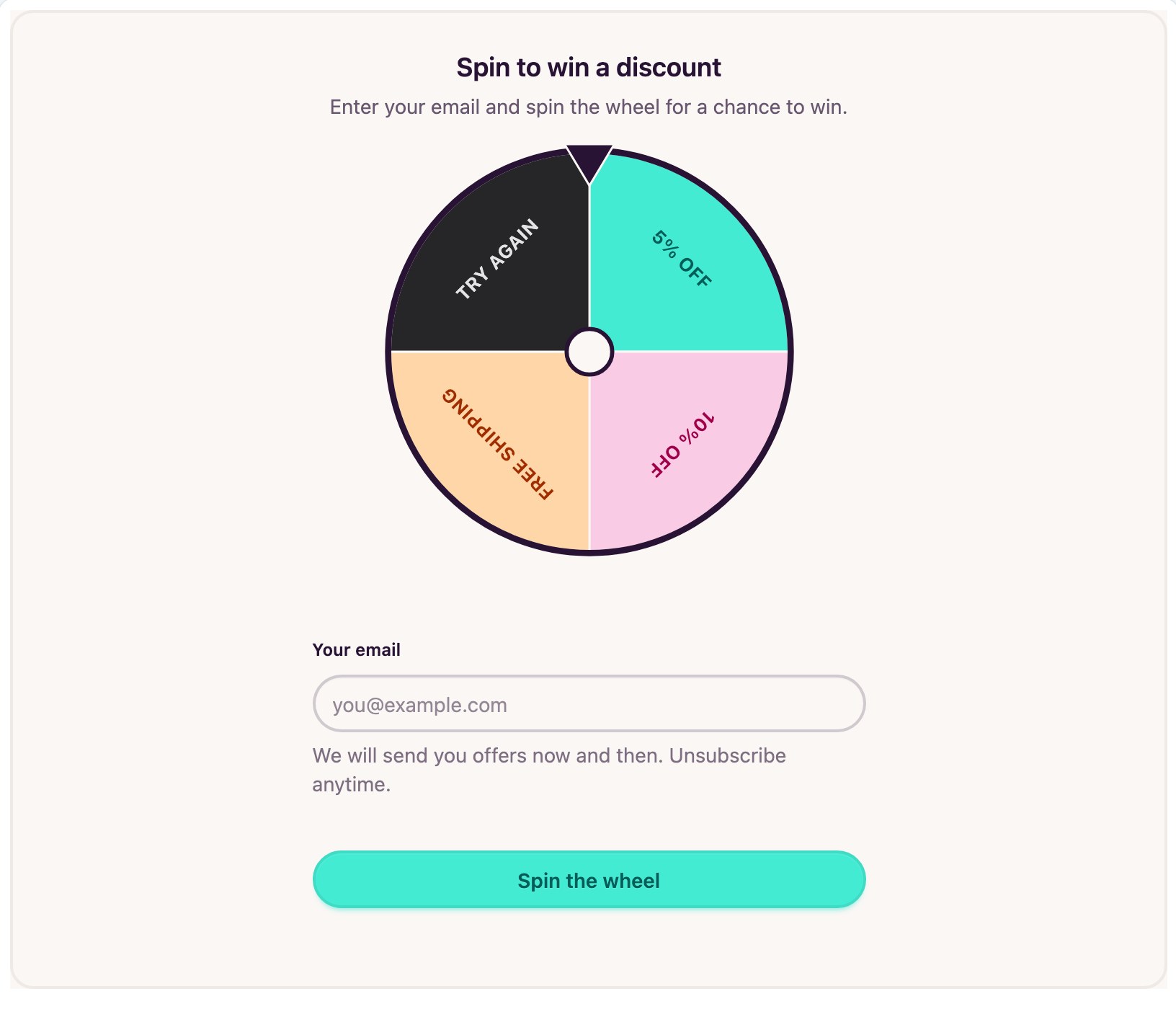 Spin to win discount wheel with 5% off, 10% off, free shipping and try again, and an email field above a Spin the wheel button