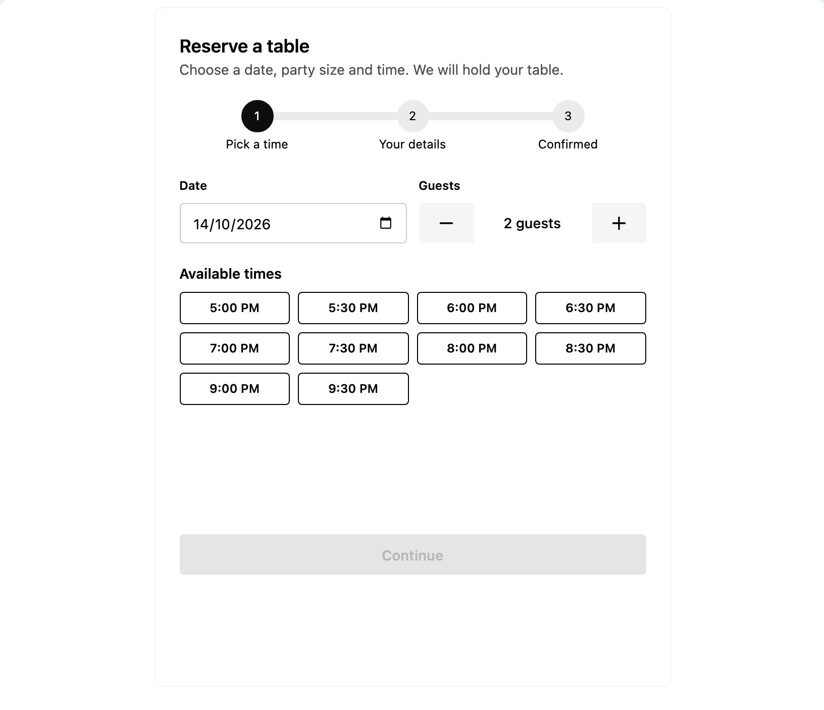 Restaurant table booking widget with a date picker, guest count and available time slots from 5pm to 9.30pm