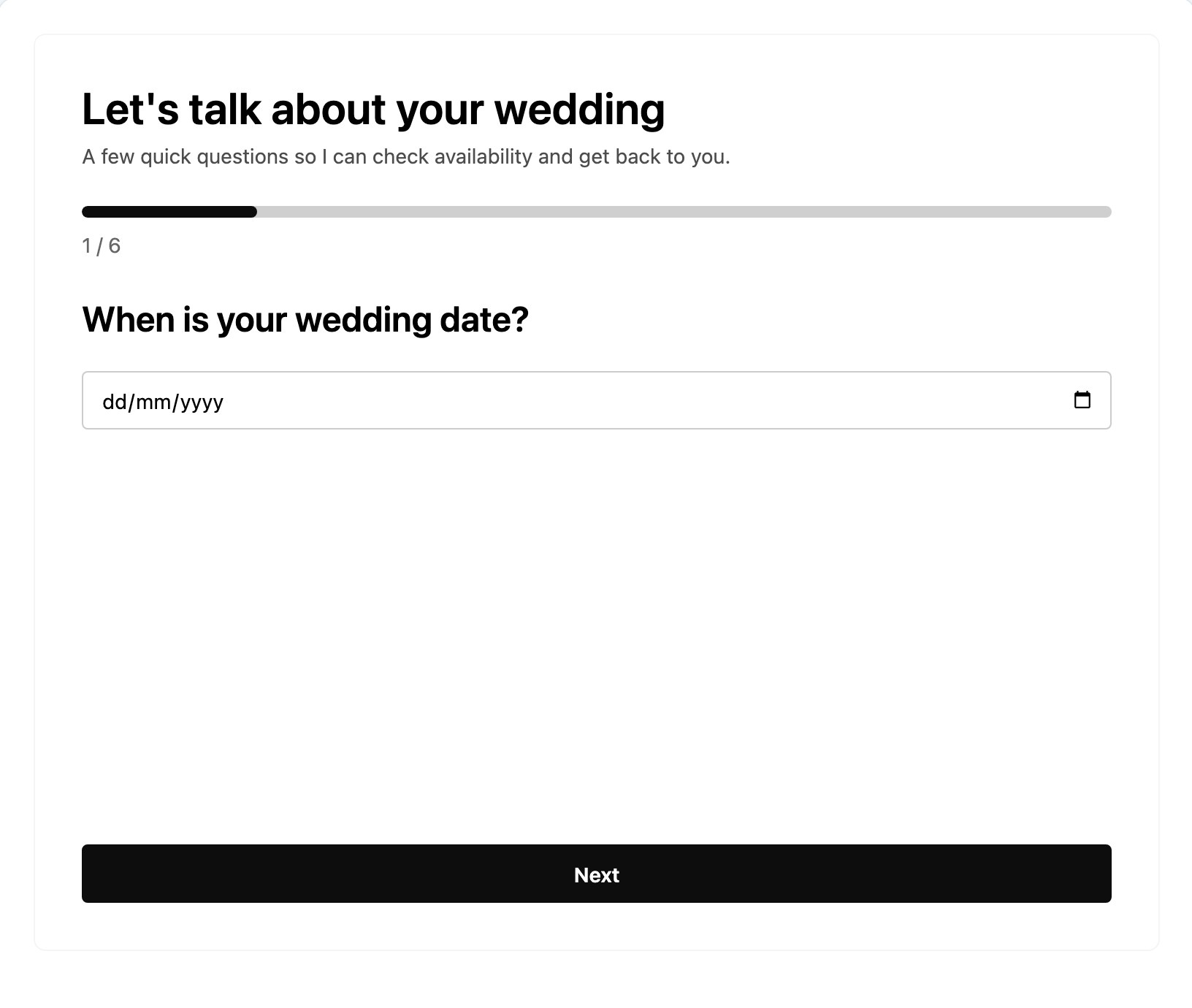 Wedding photography enquiry form asking for the wedding date, step 1 of 6 with a progress bar