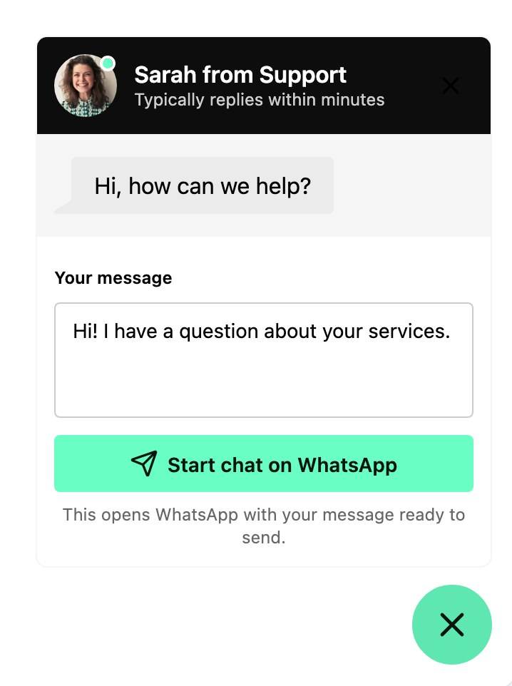 WhatsApp chat window with a support photo, a Hi how can we help greeting and a Start chat on WhatsApp button